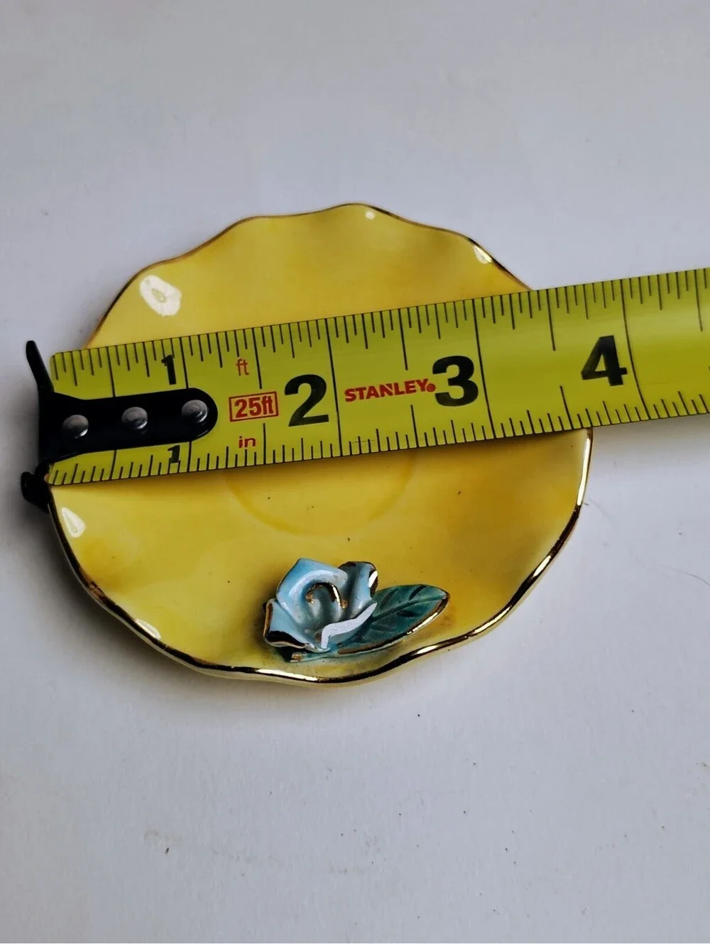 Vintage Porcelain Demitasse Cup Saucer Set Yellow Blue 3D Rose Flower Gilt Trim